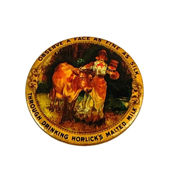 Vintage Horlick’s Malted Milk Pocket Mirror Tin Litho Girl Cow Dairy Ad 1900s - Picture 1 of 6